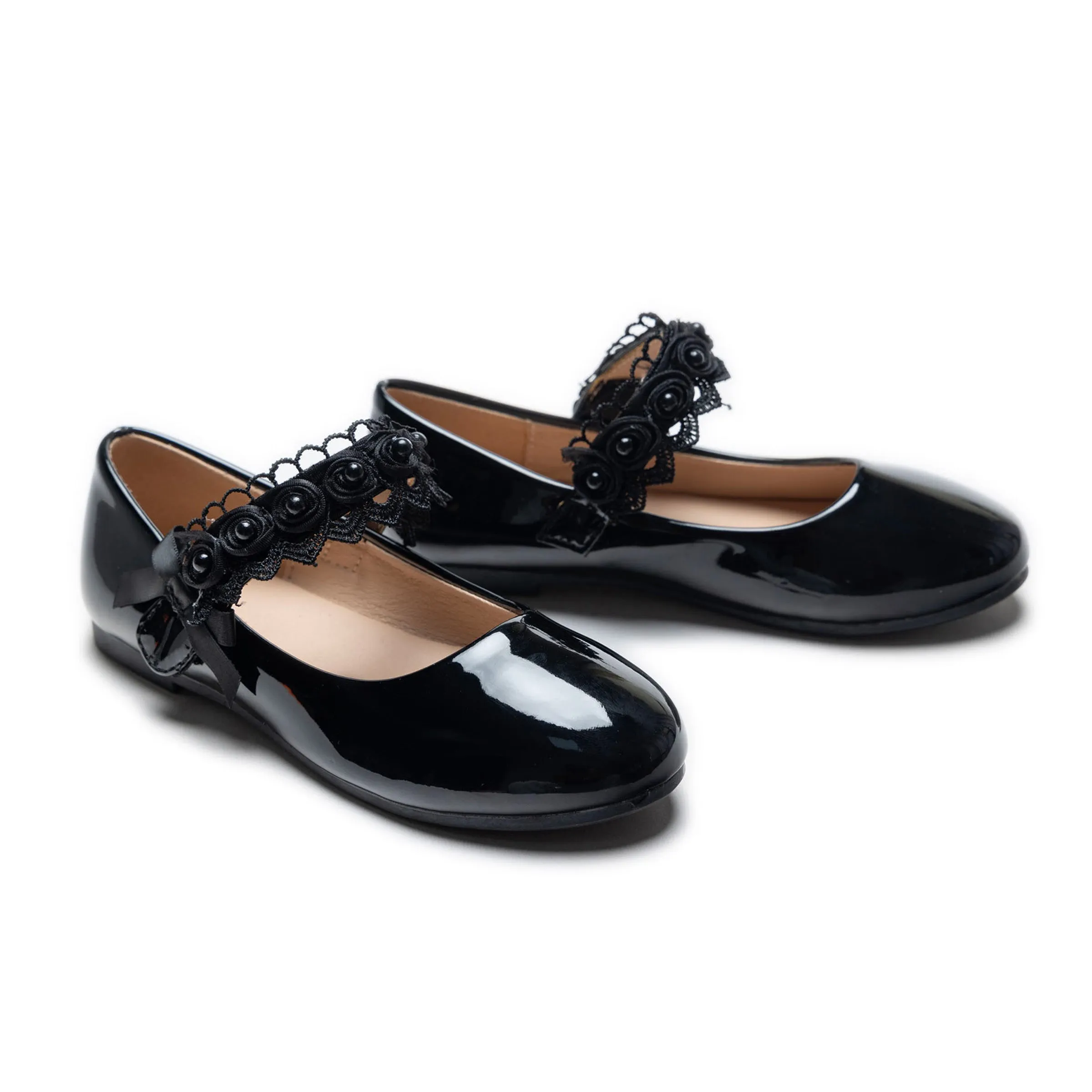 Black Patent Rose Pearl Doily Flats