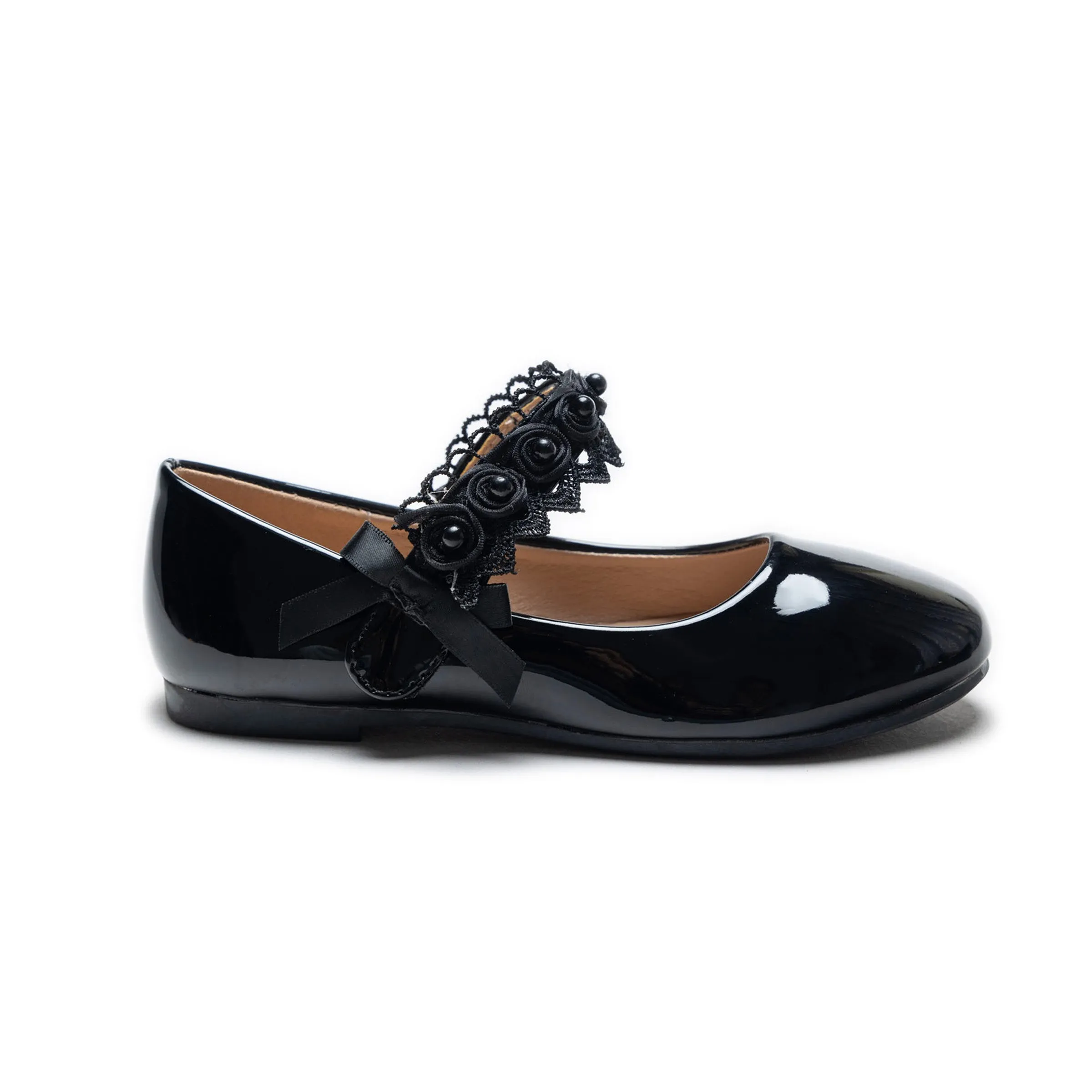 Black Patent Rose Pearl Doily Flats