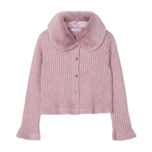 Pink Faux Fur Collar Cardigan