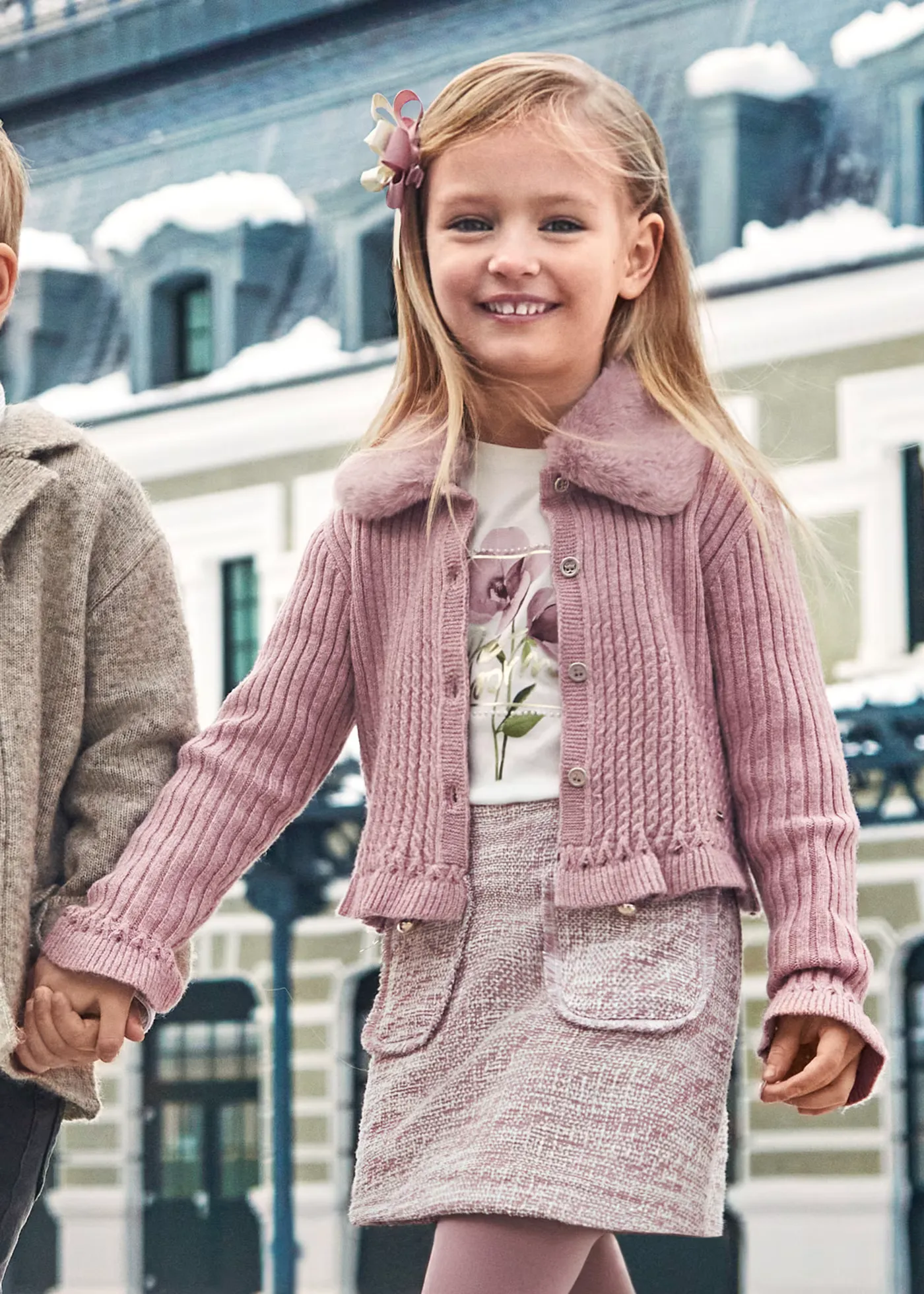 Pink Faux Fur Collar Cardigan
