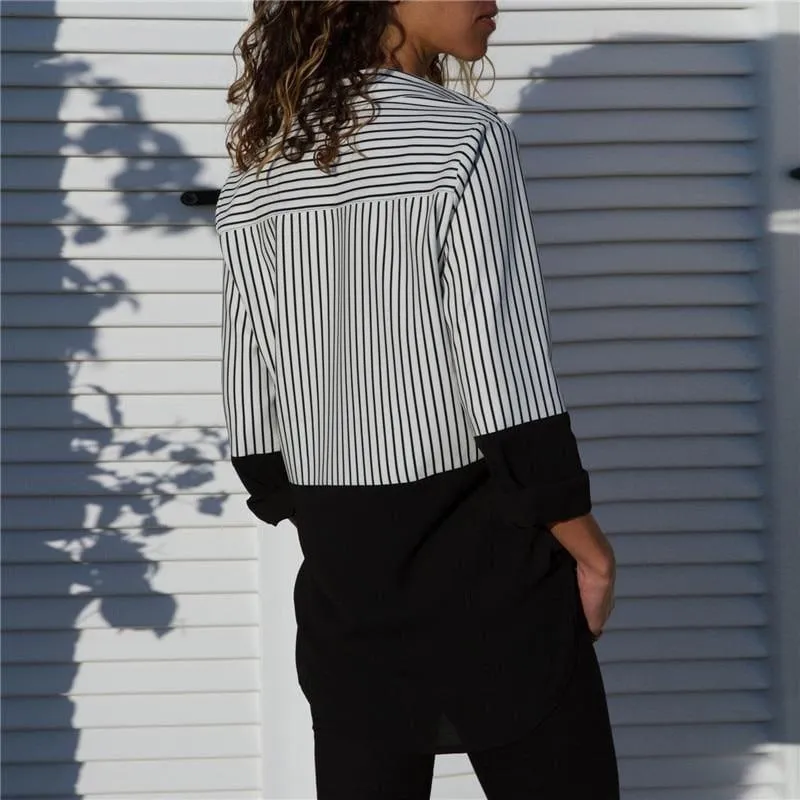 Two Toned Striped Long Sleeve Turn Down Collar Blouse