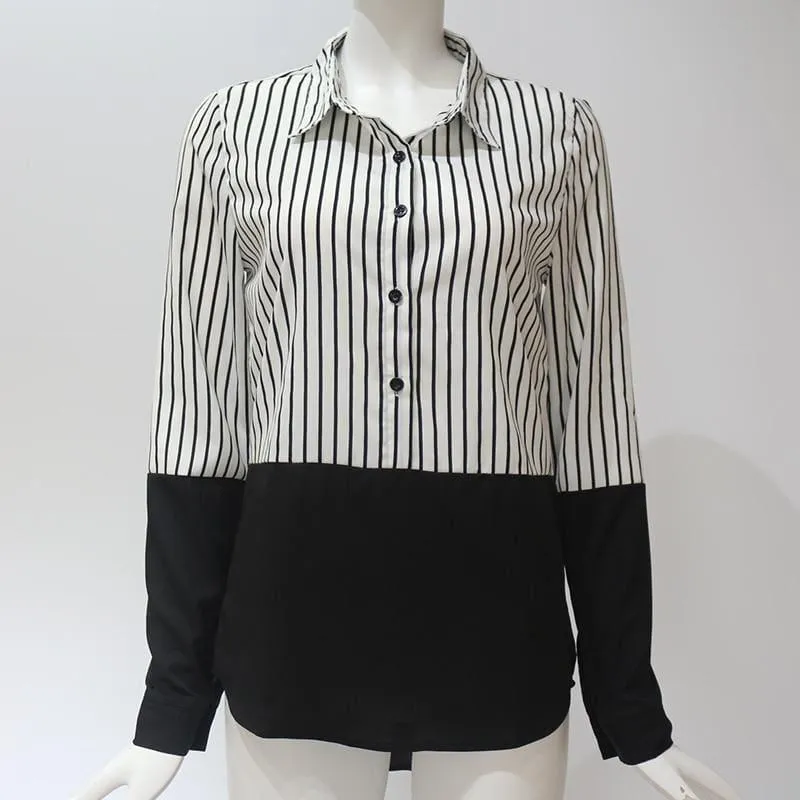 Two Toned Striped Long Sleeve Turn Down Collar Blouse