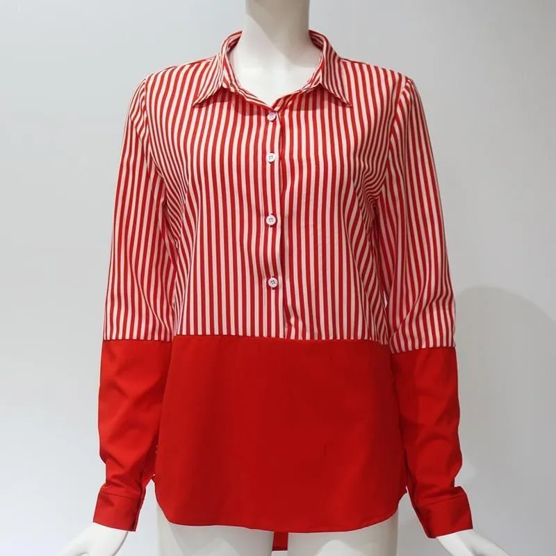 Two Toned Striped Long Sleeve Turn Down Collar Blouse