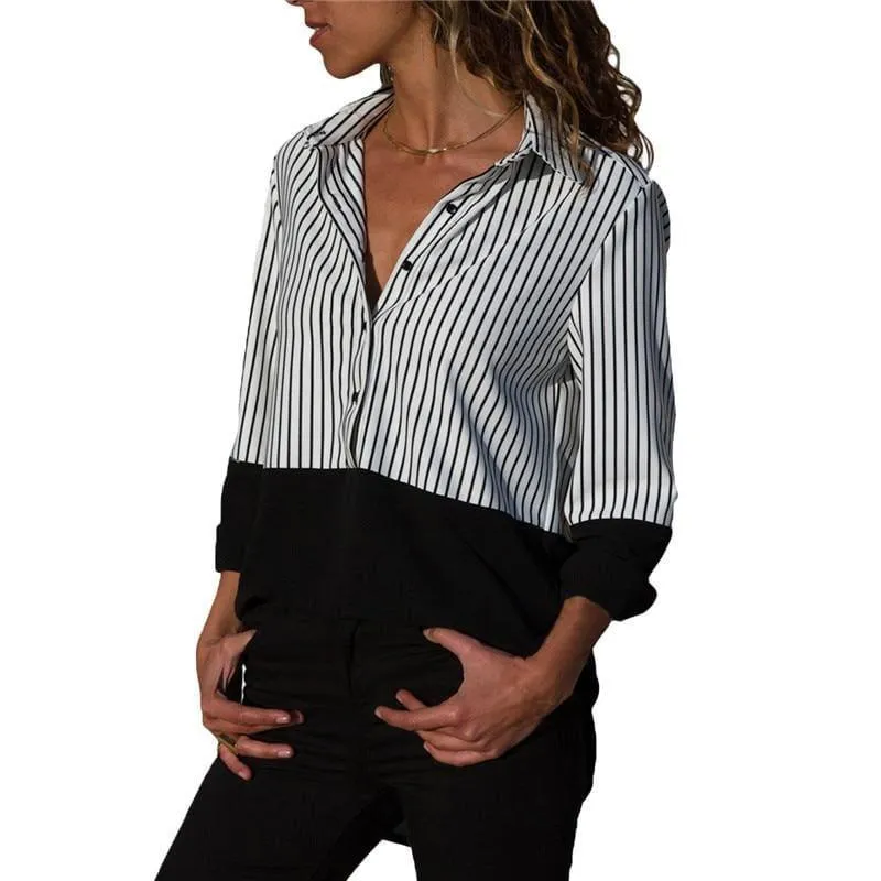 Two Toned Striped Long Sleeve Turn Down Collar Blouse